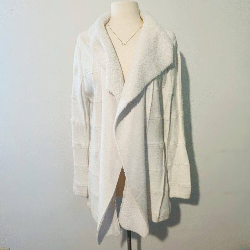 Cream Fur Trim Open Front Knit Cardigan Shacket Cato